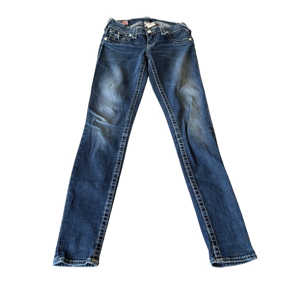 True Religion Women Skinny Jeans Blue Dark Wash Contrast Stitch Low Rise Size 24